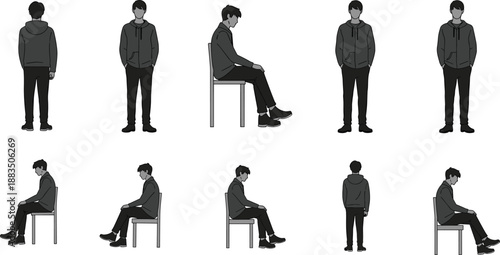 Standing and seated human posture illustrations — front, back, and side views for ergonomics, animation modeling, and psychological body language studies.