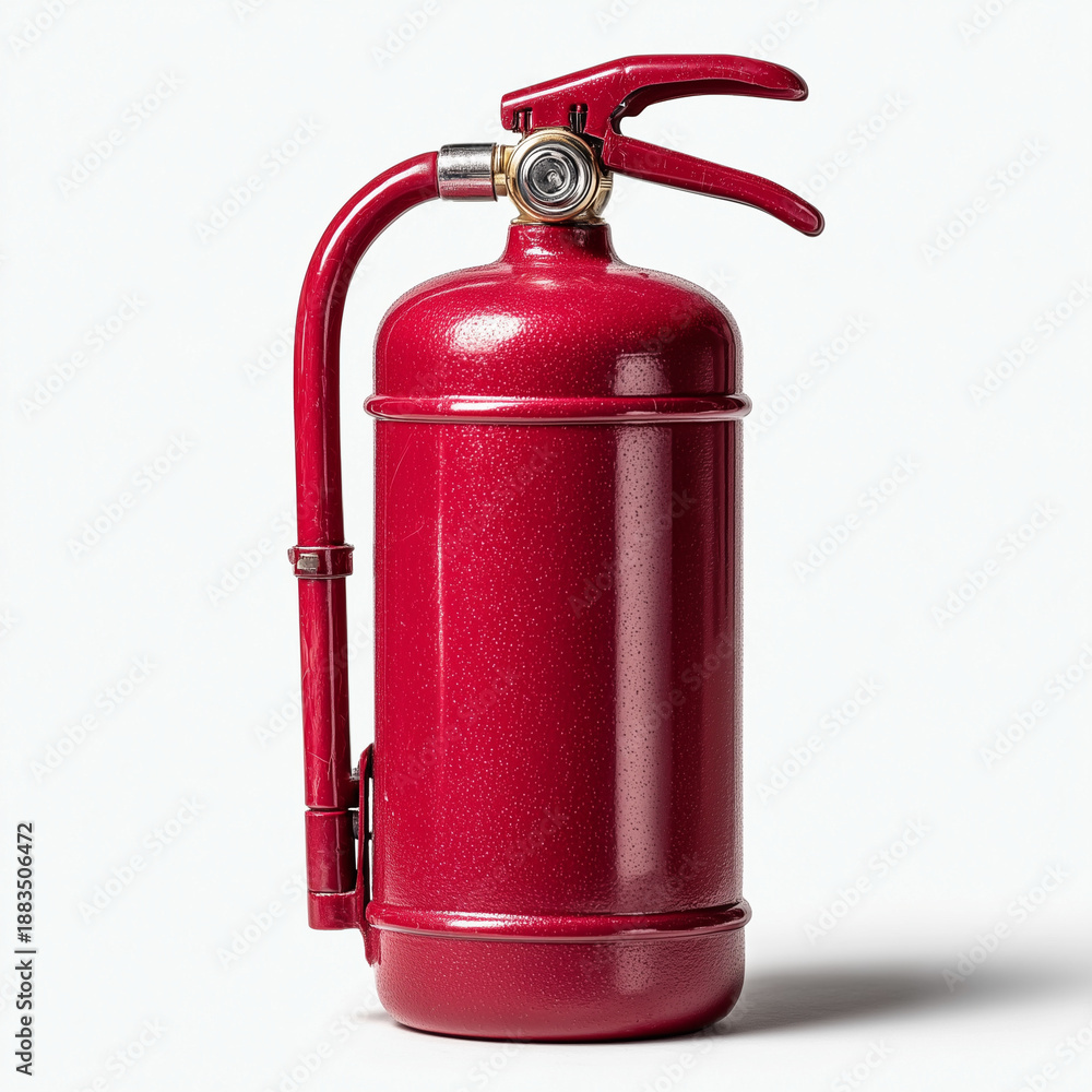Obraz premium A gleaming, vibrant red fire extinguisher with its matching hose prominently displayed stands ready for emergency use, casting a soft shadow on a clean white background.