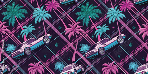 Vibrant retro pattern featuring cars and palm trees in neon colors, evoking a lively 80s vibe.