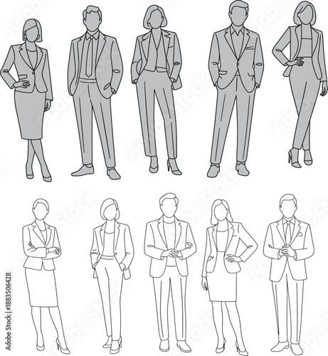 Outlined business people in formal attire — shaded and line-drawn silhouettes for corporate design, professional themes, and workplace illustration templates.