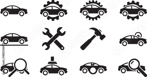 Black and white car service gear wrench hammer magnifying glass