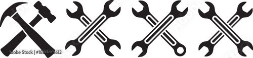 Black and white crossed tools hammer wrench