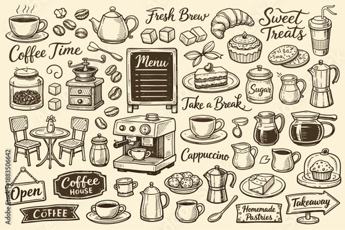 Coffee shop doodles: hand-drawn cafe elements and sweet treats in vintage style