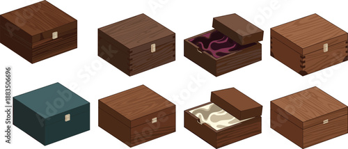 Wooden box design set — eight storage container illustrations with varied textures, colors, and open-lid fabric interiors for product display and decor.