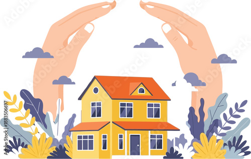 Large protective hands gently arching over a bright yellow two-story residential house surrounded by stylized foliage and soft clouds representing safety and security concepts.
