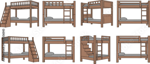 Wooden bunk bed design set — eight illustrated configurations with ladders, stairs, guardrails, and support beams for furniture catalogs and interior planning.