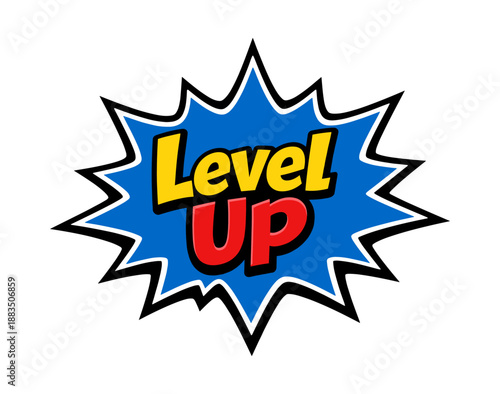 Bold comic style level up text with dynamic burst background