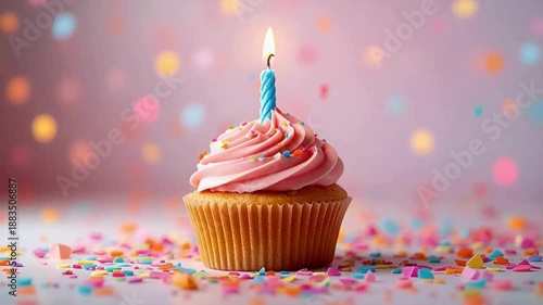 Celebration Birthday Cupcake with Candle and Colorful Confetti