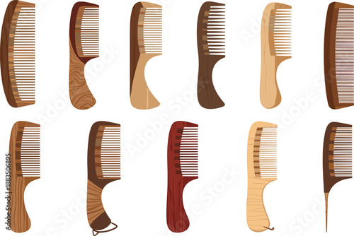 Wooden comb collection — twelve unique handcrafted grooming tools with varied shapes, textures, and teeth spacing for personal care and design illustration themes.
