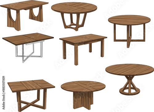 Wooden table design set — eight diverse furniture illustrations with round and rectangular tops for interior decor, home styling, and design inspiration.