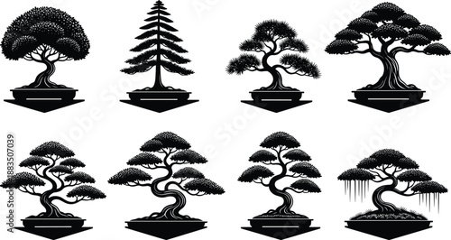 Bonsai tree silhouette illustration set in Japanese style, black vector icons isolated on white background for design