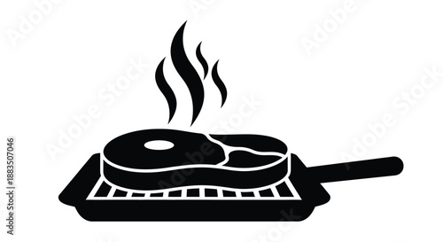 a black and white icon depicting a steak sizzling on a grill pan