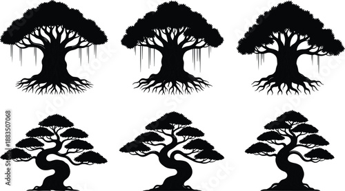 Fantasy tree silhouette collection with hanging vines, strong roots and bonsai shapes, isolated black set on white