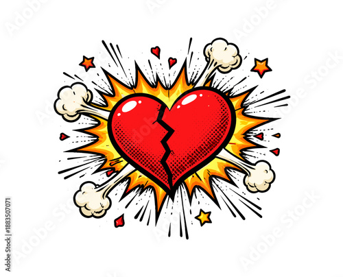 Explosive broken heart pop art symbol with dynamic cartoon elements