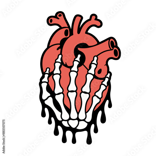 A stylized design shows a red human heart enveloped by a skeletal hand