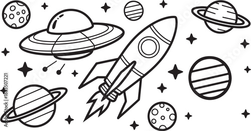 Black and white space with planets and rocket stars
