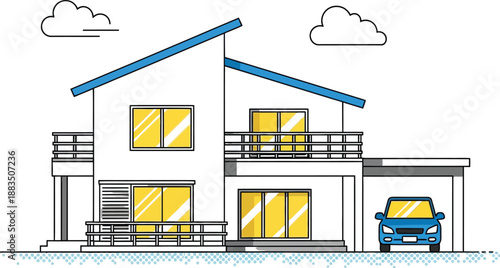 Modern two story suburban house design illustration featuring bright yellow windows and an attached carport protecting a small blue automobile underneath the structure