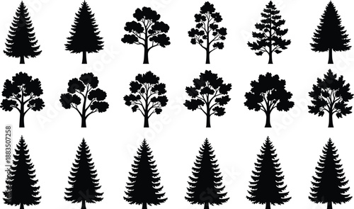 Tree silhouette set with pine and deciduous shapes, forest nature collection, black vector illustrations isolated on white