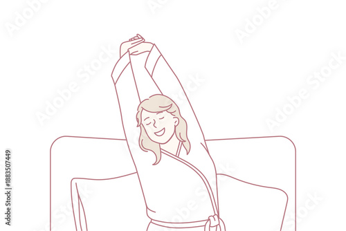 Feeling positive in morning concept. Young relaxed smiling blonde woman in home clothing sitting stretching out in bed after night vector illustration