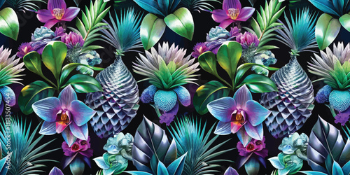 Vibrant tropical pattern featuring colorful flowers and foliage on a dark background.