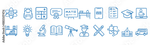 Education line icon featuring blue graduation cap, school building, science microscope, math blackboard, online learning, and more 20 vector set illustration with editable stroke.