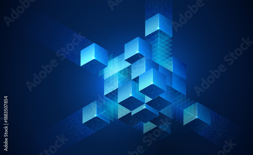 Abstract geometric blocks for AI systems, business finance, cloud storage, cybersecurity and digital infrastructure. 3D cube data background illustrating technology and blockchain network structure.