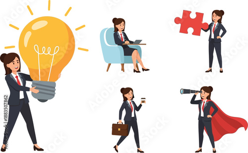 Collection of businesswomen illustrating various professional concepts like ideas problem solving future vision and daily work activities