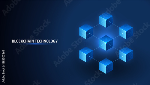 Blockchain technology cube background. Digital network chain, data connection concept. Abstract blue 3D geometric blocks linked by lines for crypto finance, business innovation and fintech AI systems