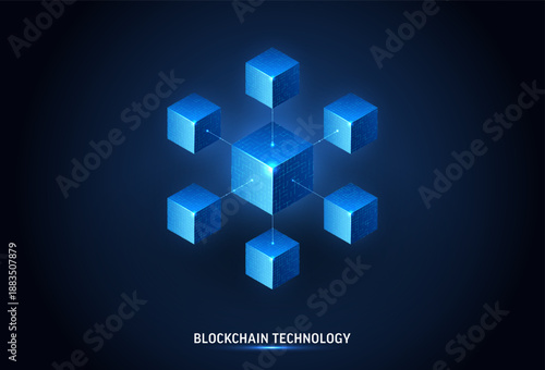 Blockchain technology cube background. Digital network chain, data connection concept. Abstract blue 3D geometric blocks linked by lines for crypto finance, business innovation and fintech AI systems