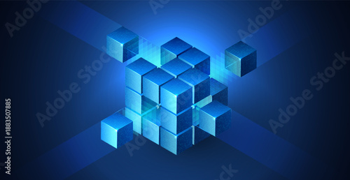 3D cube data background illustrating technology and blockchain network structure. Abstract geometric blocks for AI systems, business finance, cloud storage, cybersecurity and digital infrastructure