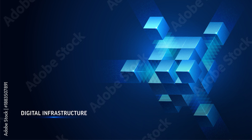 3D cube data background illustrating technology and blockchain network structure. Abstract geometric blocks for AI systems, business finance, cloud storage, cybersecurity and digital infrastructure