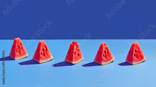 watermelon. Arrangement of fresh watermelon slices on a blue surface, embodying a refreshing summer still life. menu design.
