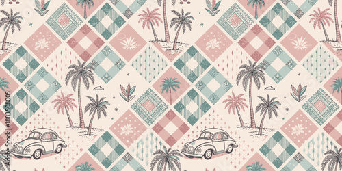 Vintage pattern featuring palm trees, cars, and geometric shapes in soft pastel colors.