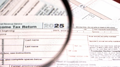 Magnifying glass moving over a united states irs tax return form for the year 2025