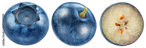 Ripe blueberries and cross section of blueberry on white background. File contains clipping paths.