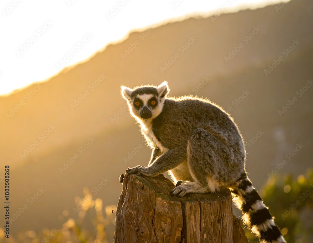 Obraz premium Ring-tailed lemur perched on tree stump against a sunset background