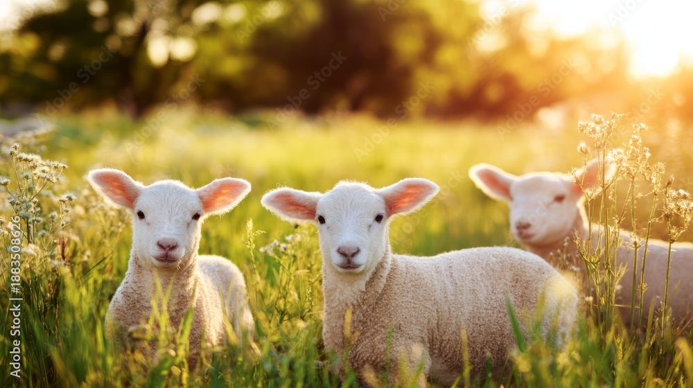 Obraz premium lambs. Young lambs exploring a sunlit meadow filled with spring wildflowers. wildlife magazines, conservation campaigns, designed for wildlife conservation campaigns, promotes animal welfare. 