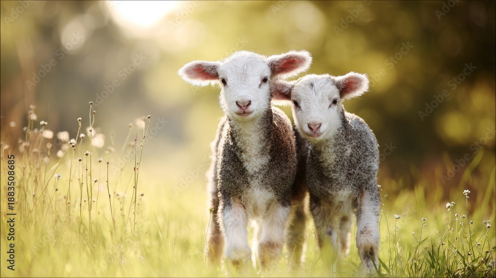 Obraz premium lambs. Young lambs exploring a sunlit meadow filled with spring wildflowers. wildlife magazines, conservation campaigns, designed for wildlife conservation campaigns, promotes animal welfare. 