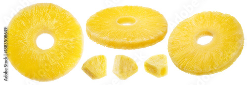 Pineapple rings and pineapple pieces isolated on a white background.