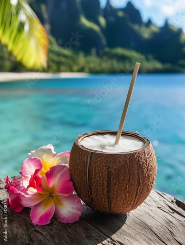 Tropical coconut cocktail enjoying bora bora lagoon view