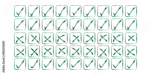 Grunge vector checkmark and cross. Grunge green check mark and red cross mark icon set. brush correct or incorrect sign with circle. Check tick mark icon set. Cross box x check mark checkbox v list