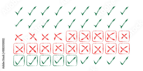 Grunge vector checkmark and cross. Grunge green check mark and red cross mark icon set. brush correct or incorrect sign with circle. Check tick mark icon set. Cross box x check mark checkbox v list