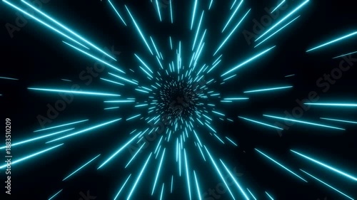 Abstract star field, hyperspeed tunnel in blue, light beam, loop animation. Glowing light trails, futuristic, lines, illuminated, design, time travel, science fiction, flying through space.