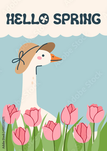 Hello, spring postcard with tulips and a goose. Vector illustration