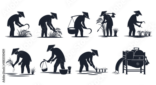 silhouette illustration depicting traditional asian farmers performing various agricultural tasks