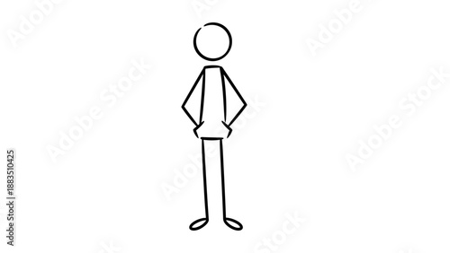 Confident stick figure man standing with hands on hips, displaying determination on an isolated white background.