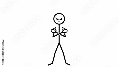 Angry Stick Figure with Crossed Arms, Isolated White Background