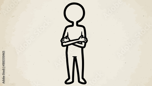 Confident Stick Figure Person Standing with Arms Crossed, Looking Serious and Assertive in a Bright Studio Background