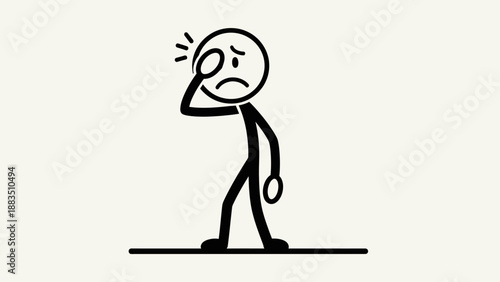 Stick figure man looking sad and worried with hand on head on textured beige background.