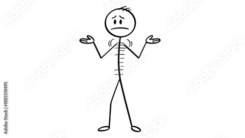 Stick figure man shrugging shoulders in confusion and helplessness in bright studio.